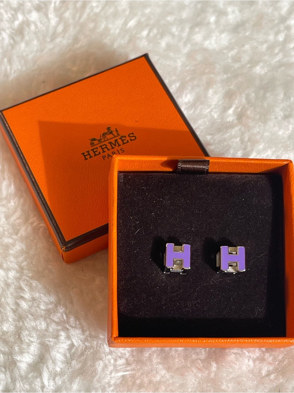 Hermès H Logo Purple Silver Tone Stud Earrings with Box